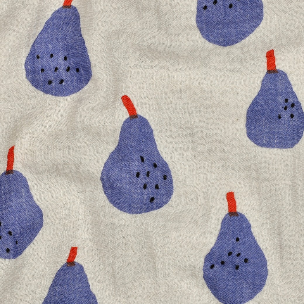Musselin GOTS „Birnen“ – natur/blau