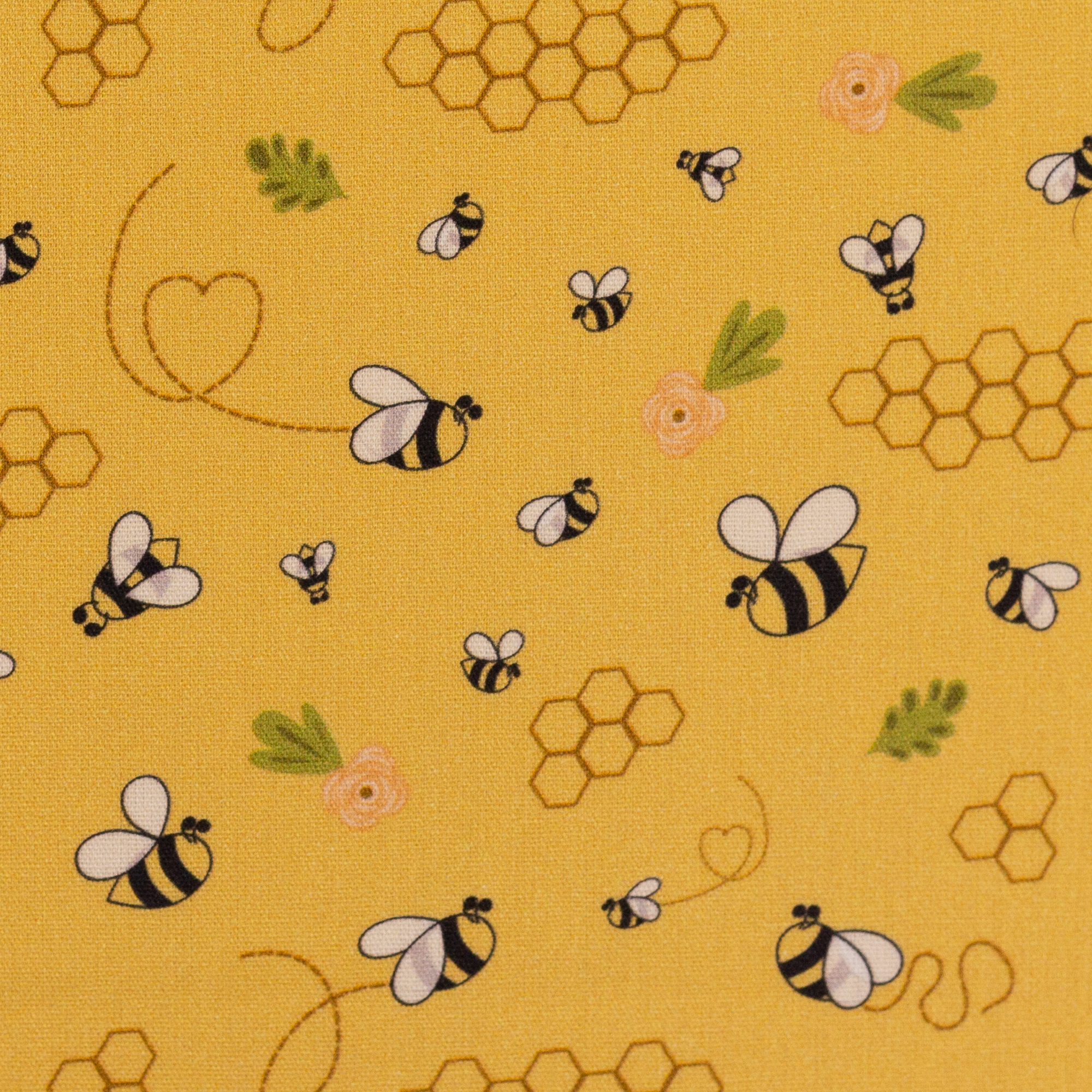 Baumwollstoff Bienen und Waben auf goldgelbem Grund