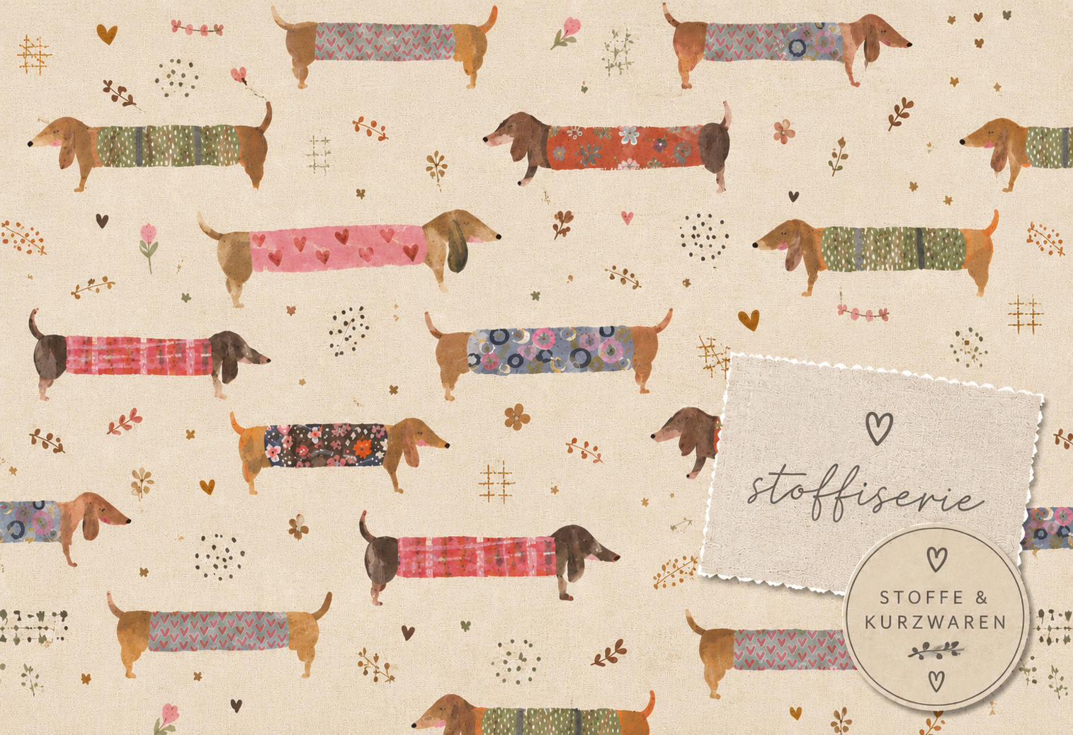 Dekostoff Half Panama „Dackel Familie“ – beige/multicolor