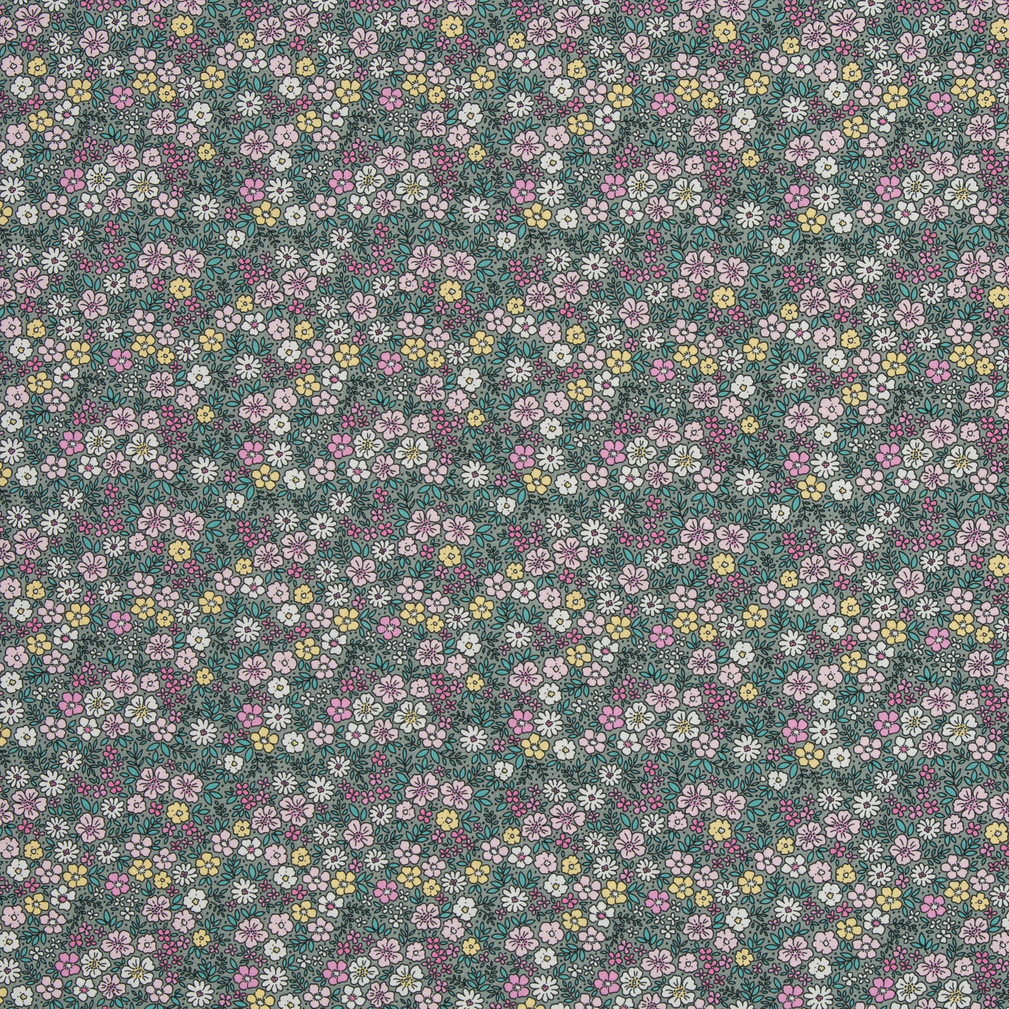 Baumwollstoff bunte Streublumen auf salbeigrauem Grund