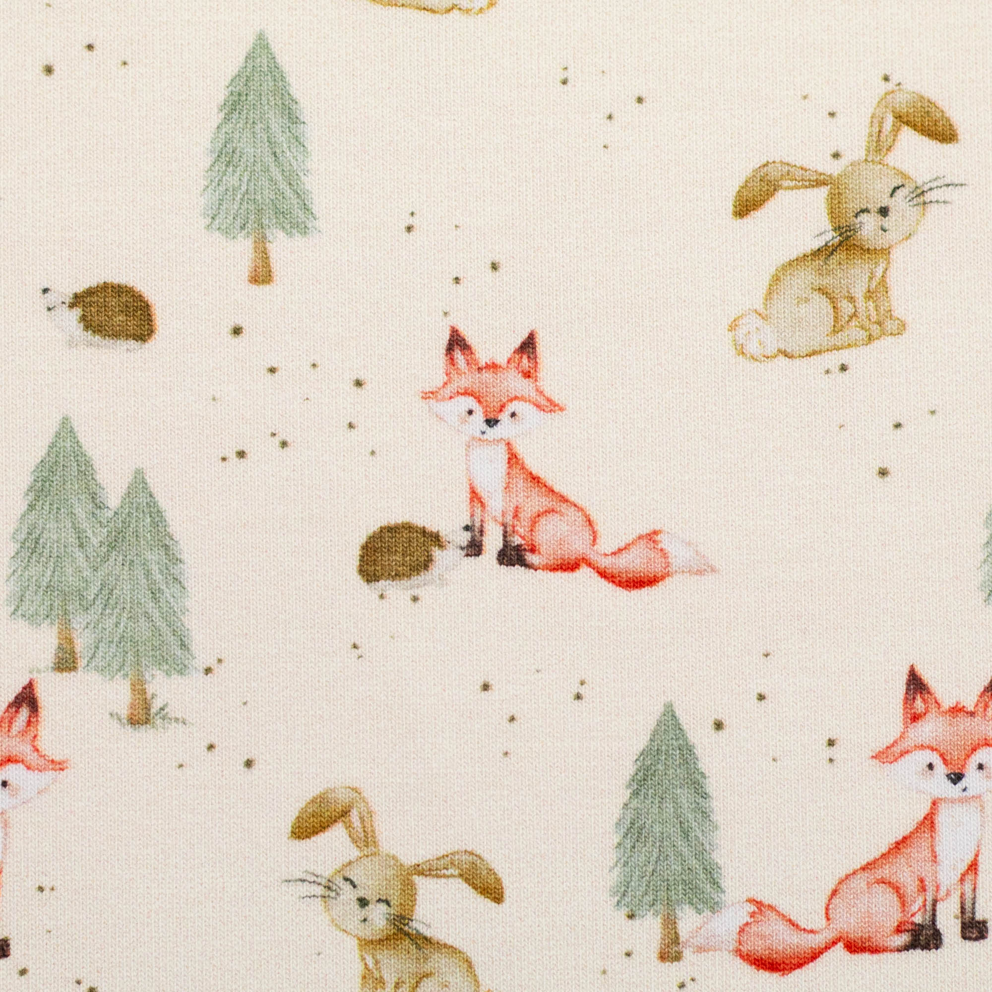 French Terry Waldfreunde Waldtiere – Aquarell-Waldtiere (Füchse, Hasen, Igel, Tannen) auf naturweißem Sweat