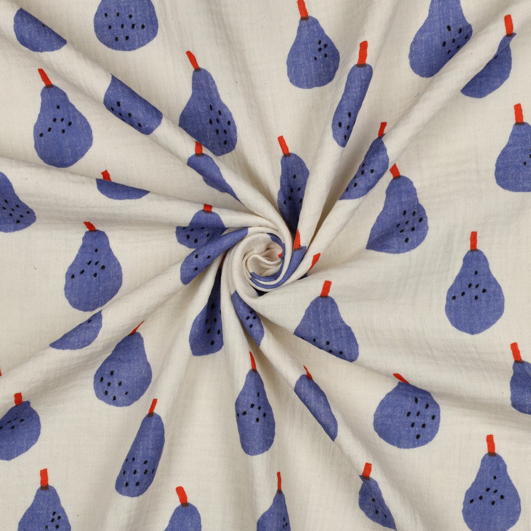 Musselin GOTS „Birnen“ – natur/blau