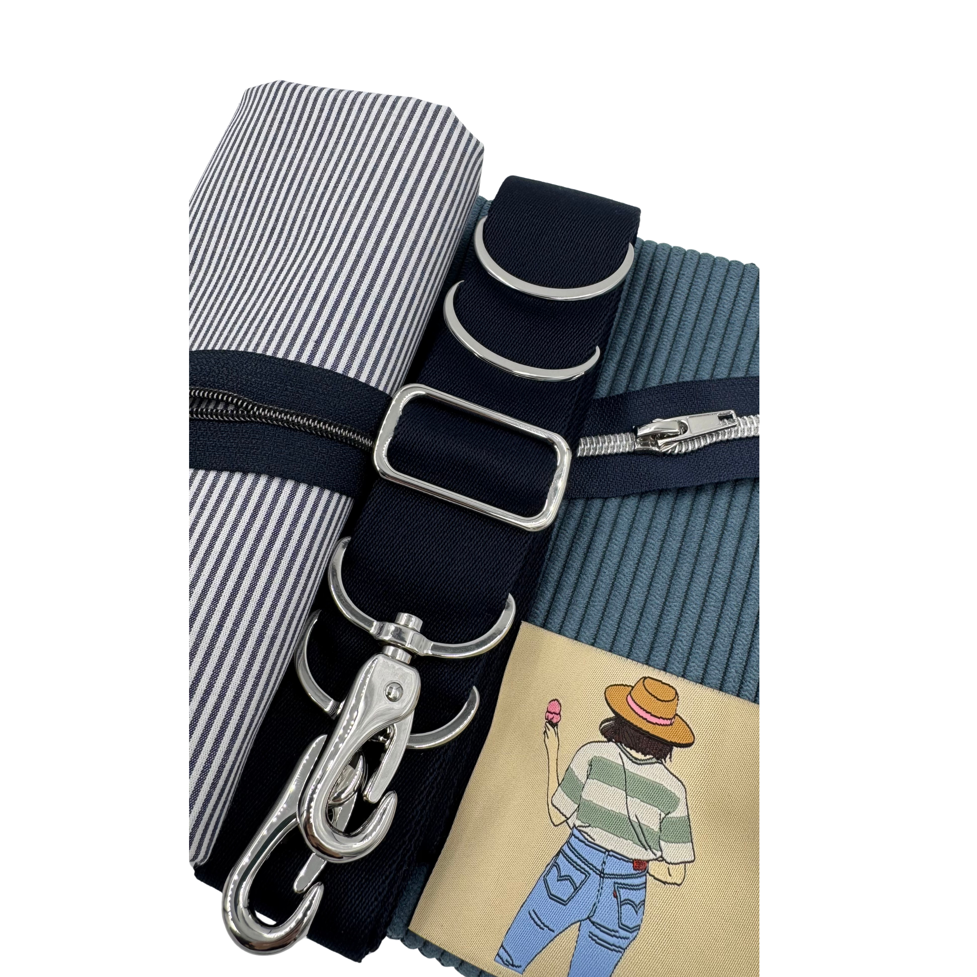 Nähpaket Tasche "MeLuna" aus Blauer  Cord & Streifen & Blauer Gurtband & Silber Karabiner & Label Mädchen mit eis