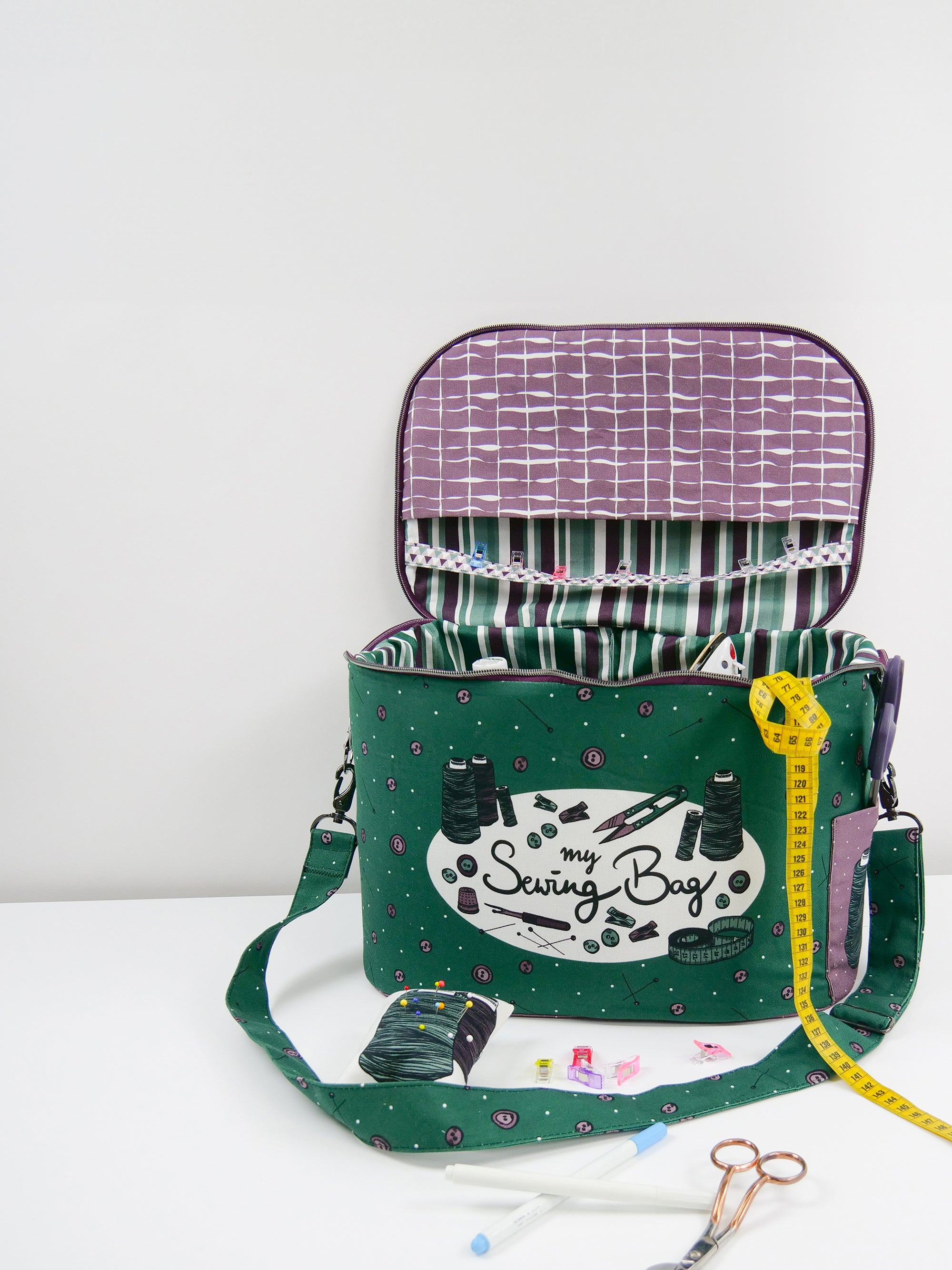 My Sewing Bag Panel grün/lila – DIY Nähutensilien-Tasche Canvas