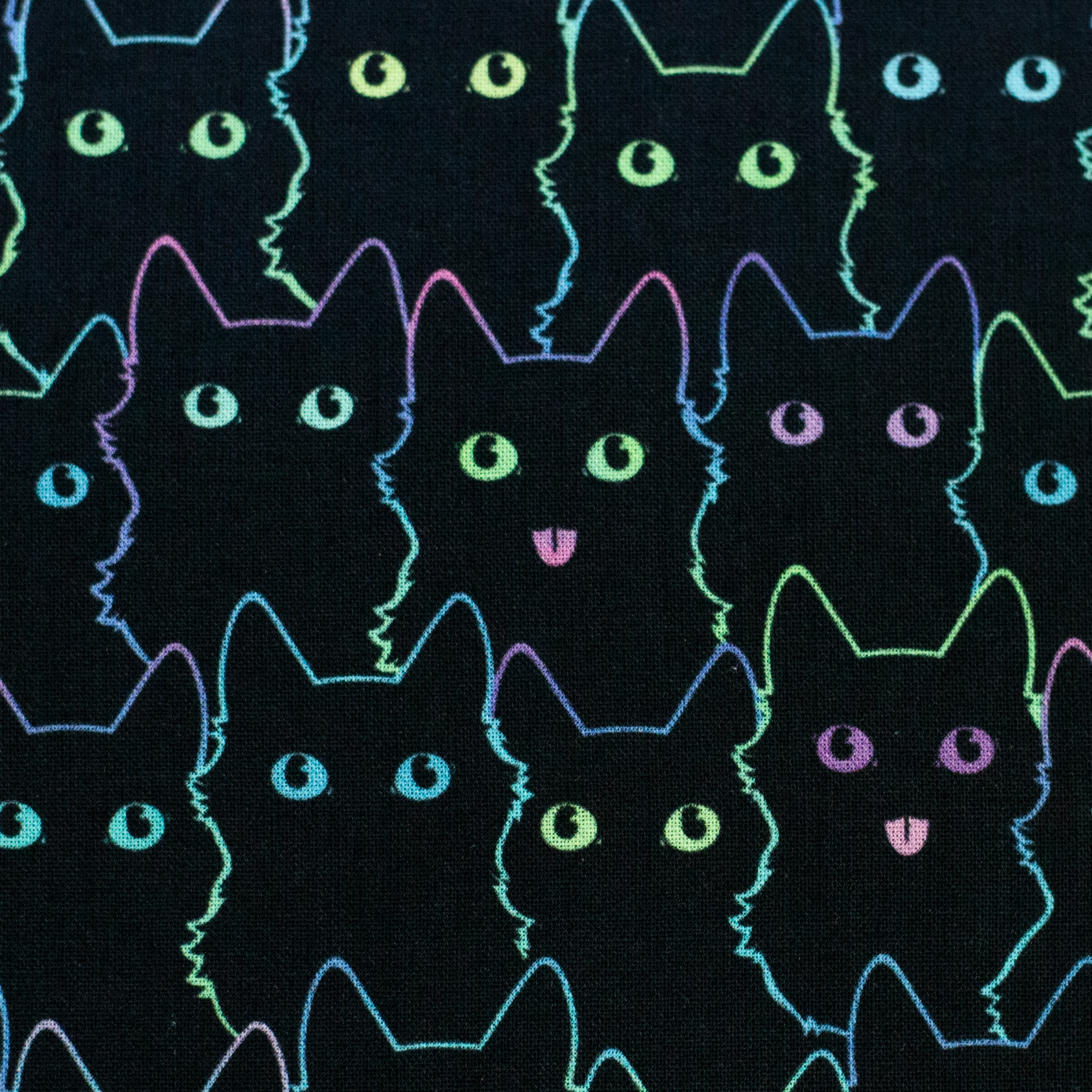 Baumwollstoff bunte Katzen auf schwarzem Grund