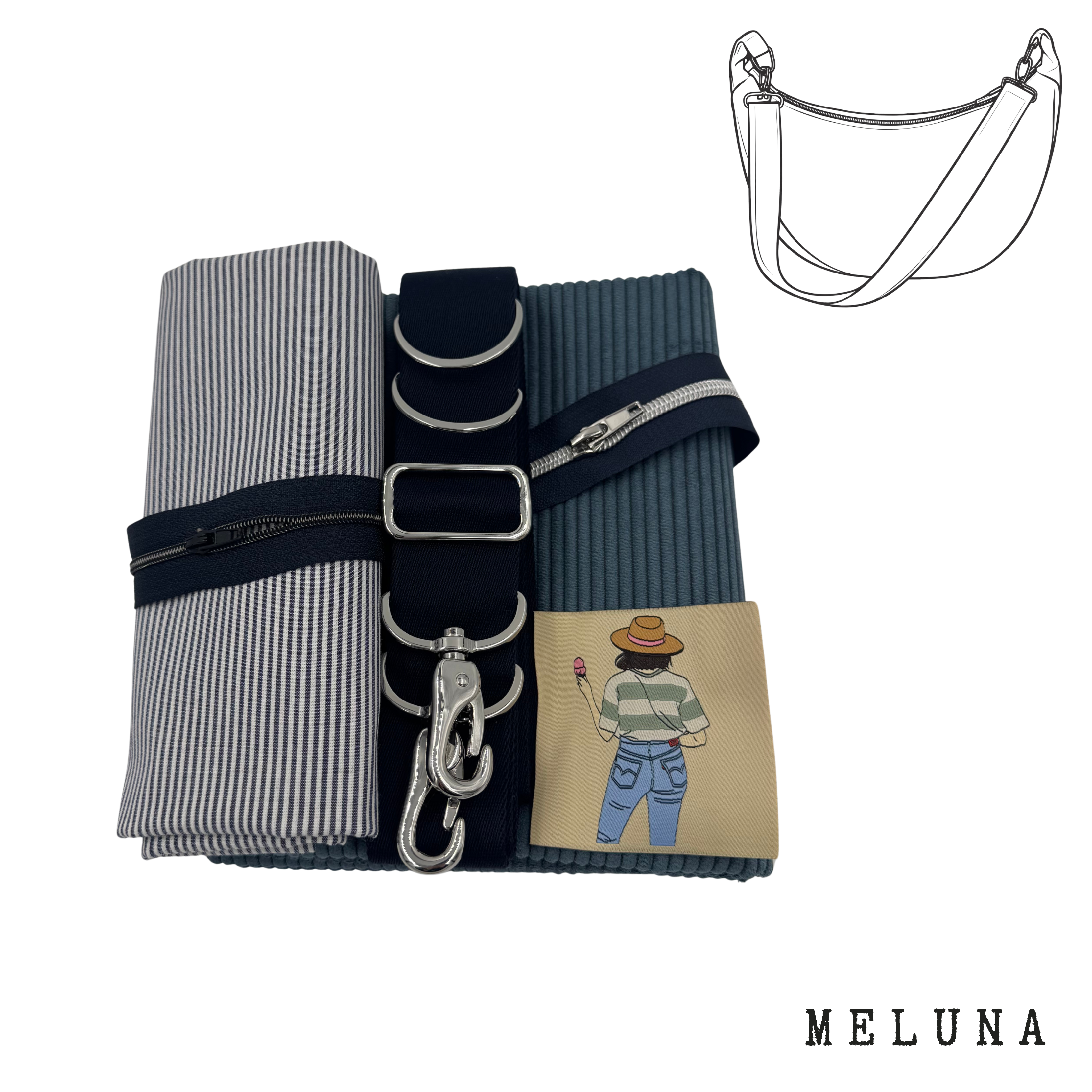 Nähpaket Tasche "MeLuna" aus Blauer  Cord & Streifen & Blauer Gurtband & Silber Karabiner & Label Mädchen mit eis
