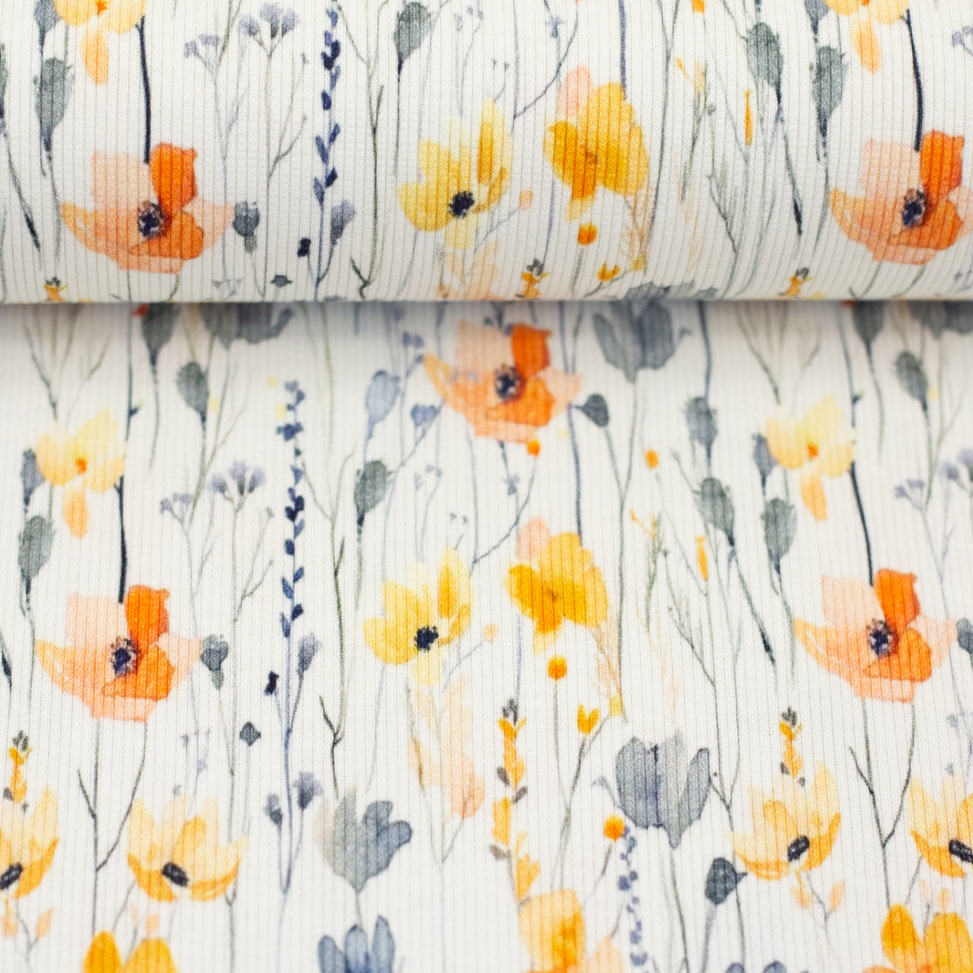 Rippjersey Mohnblumen natur orange gelb