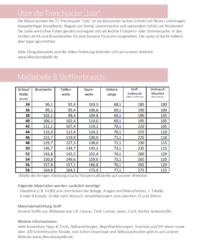  Papierschnittmuster lillesol women No.71 Trenchjacke "Jola"