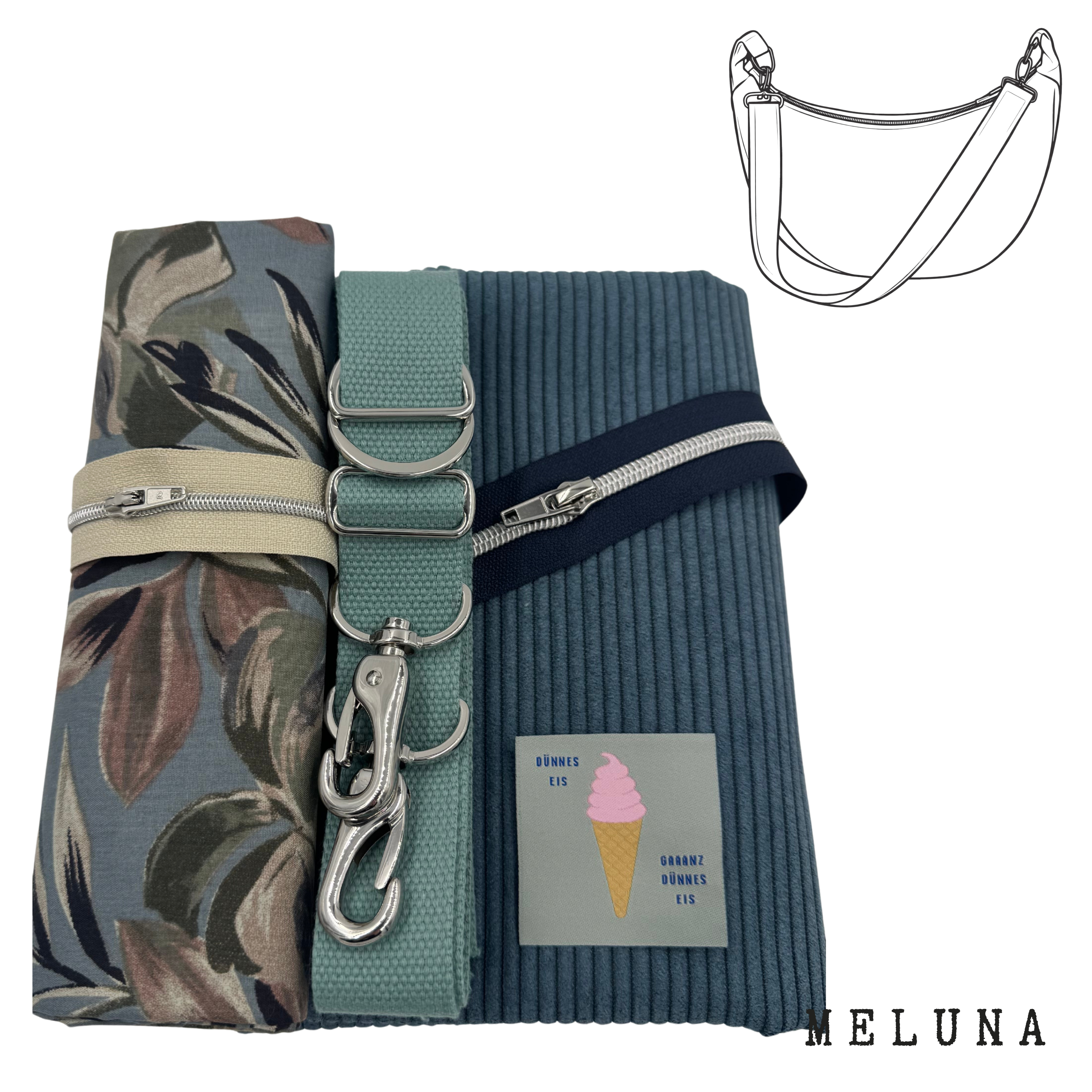 Nähpaket Tasche "MeLuna" aus Cord & Blätterprint & Mint & dünnes Eis
