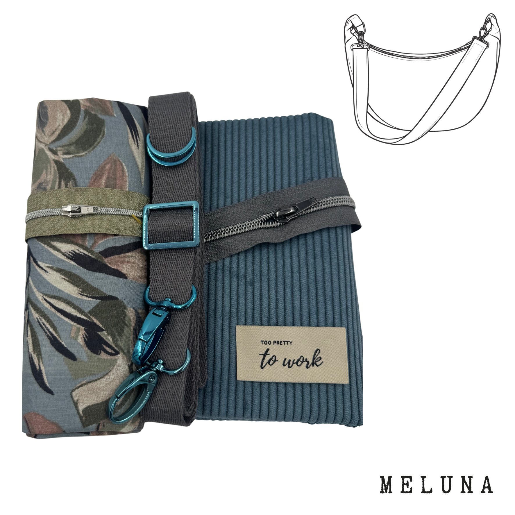 Nähpaket Tasche "MeLuna" aus Cord & Blätterprint & Grau & Blaue Hardware & Too pretty to work