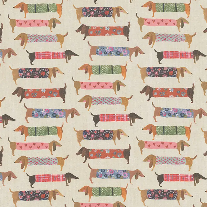 Dekostoff Half Panama „Dackel Familie“ – beige/multicolor