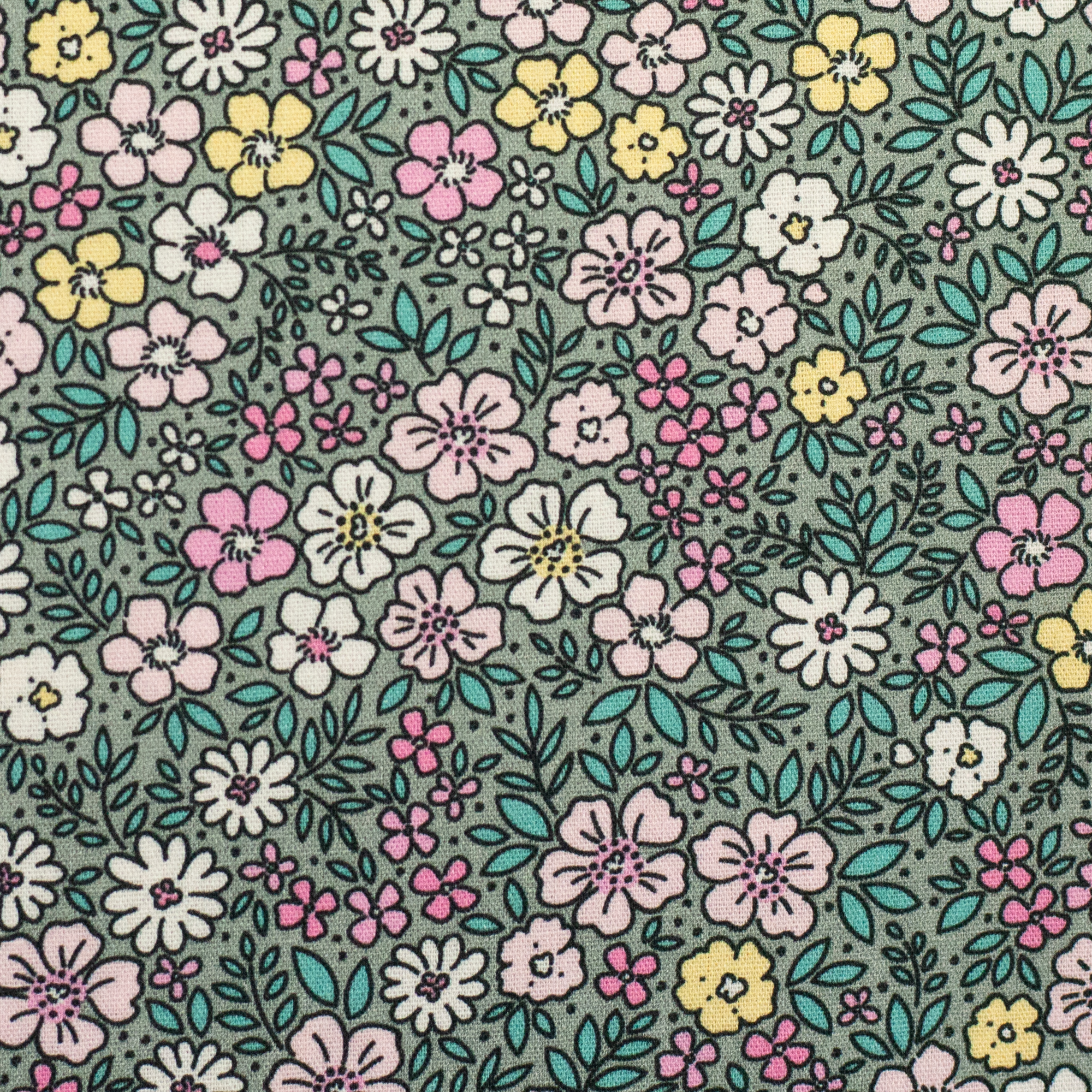 Baumwollstoff bunte Streublumen auf salbeigrauem Grund