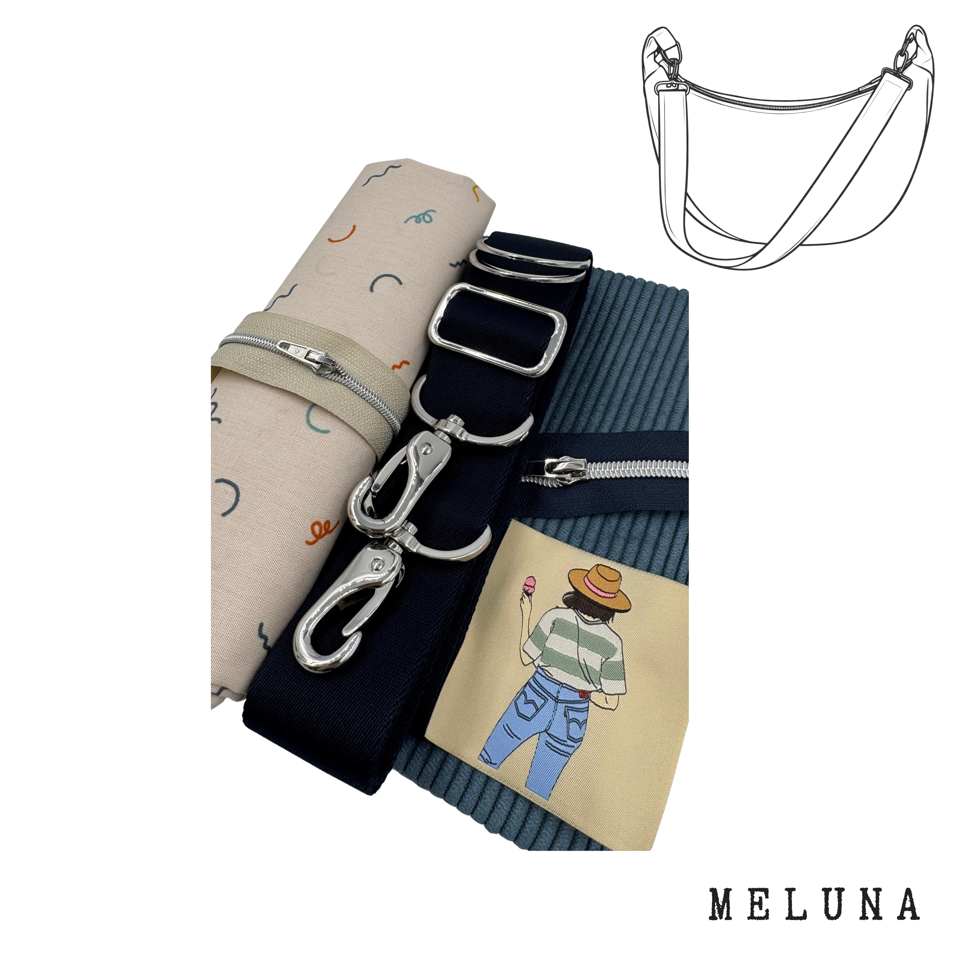 Nähpaket Tasche "MeLuna" aus Blauer  Cord & Konfetti & Blauer Gurtband & Silber Karabiner & Label Mädchen mit eis Kopie